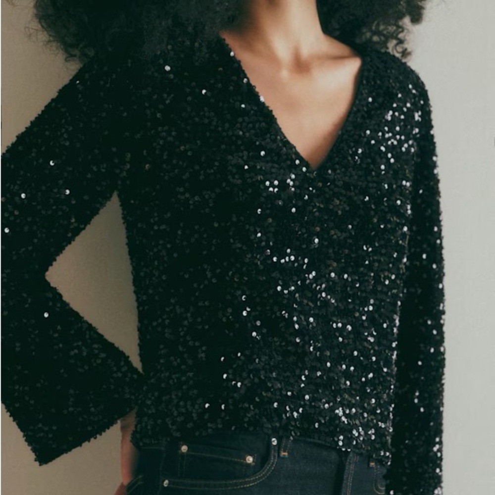 Sezane Black Sequin V-Neck Top